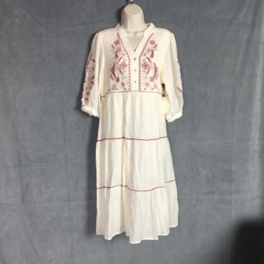 Fig + Flower Midi Dress S NWT Cream Embroidered Tiered‎ Boho Fairy Beach Coastal